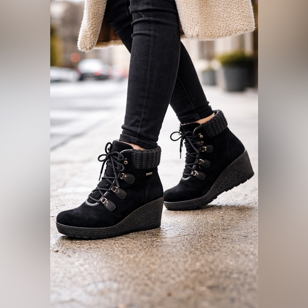Cougar Black Waterproof Wedge Ankle Boots Cozy Knit Cuff Lace-Up Winter Booties